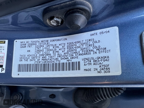 2004 Toyota 4Runner SR5 with VIN JTEBT14R340041772, listed as a IAAI auction lot 42143507 with 210,561 mi miles and . Bid and sale history available at DreamBid. Image 8.