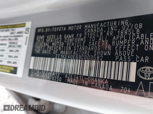 2009 Toyota Matrix S with VIN 2T1KE40E69C003582, listed as a IAAI auction lot 42297144 with 151,875 mi miles and . Bid and sale history available at DreamBid. Image 9.