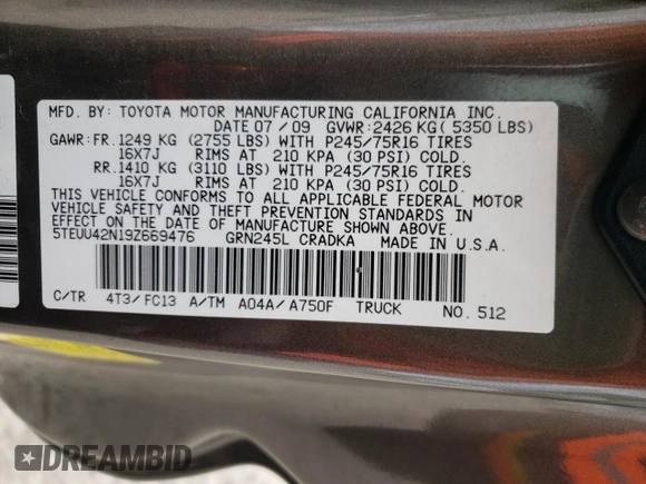 2009 Toyota Tacoma with VIN 5TEUU42N19Z669476, listed as a Copart auction lot 52532225 with 116,089 mi miles and Clean Title. Bid and sale history available at carsss.com. Image 12.