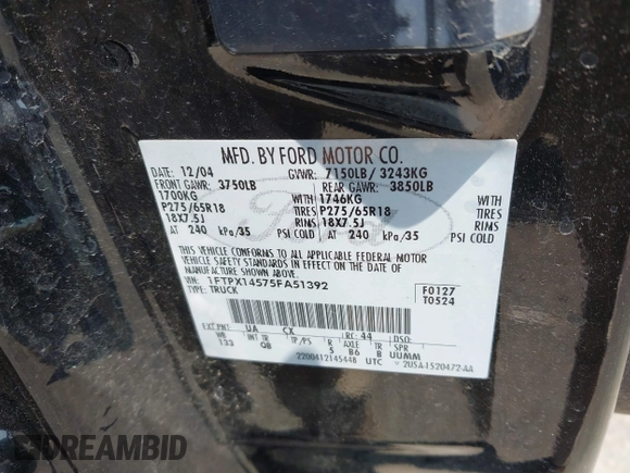 2005 Ford F-150 XLT с VIN 1FTPX14575FA51392, выставлен на аукционе IAAI как лот 42485452 с пробегом 136 999 миль миль и . История ставок и продаж доступна на DreamBid. Изображение 9.