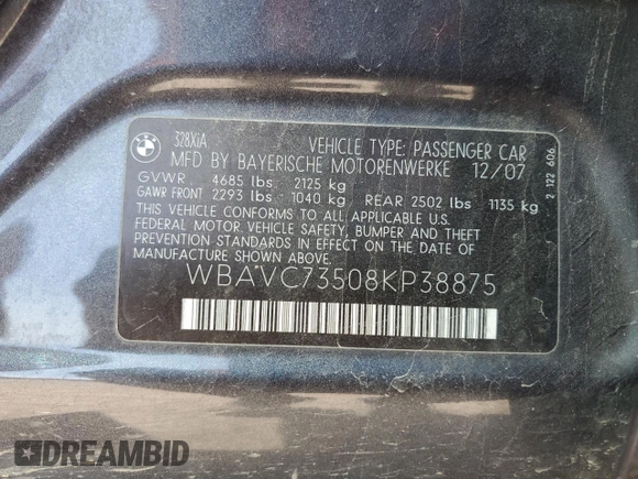 2008 BMW 3 Series 328xi with VIN WBAVC73508KP38875, listed as a Copart auction lot 51385494 with 119,266 mi miles and Salvage Title. Bid and sale history available at carsss.com. Image 12.