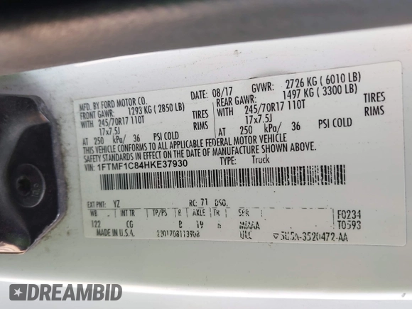 2017 Ford F-150 XL with VIN 1FTMF1C84HKE37930, listed as a IAAI auction lot 41817185 with 140,280 mi miles. Bid and sale history available at carsss.com. Image 9.