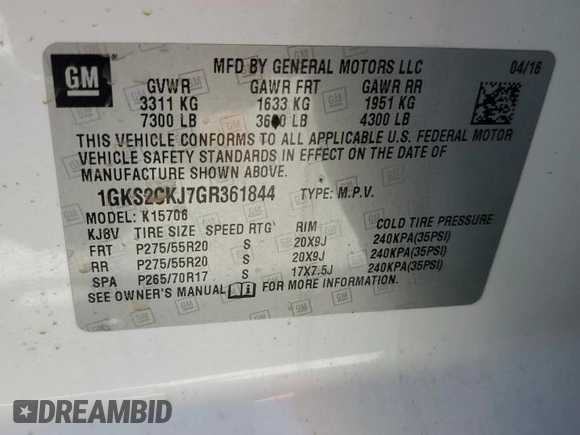 2016 GMC Yukon Denali with VIN 1GKS2CKJ7GR361844, listed as a Copart auction lot 48511895 with 119,231 mi miles and Salvage Title. Bid and sale history available at carsss.com. Image 12.