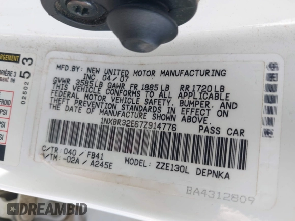 2007 Toyota Corolla CE with VIN 1NXBR32E67Z914776, listed as a IAAI auction lot 42093167 with 167,793 mi miles and . Bid and sale history available at DreamBid. Image 9.
