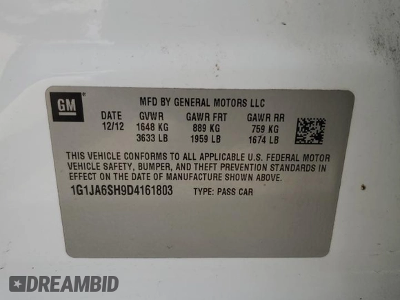 2013 Chevrolet Sonic LS with VIN 1G1JA6SH9D4161803, listed as a Copart auction lot 53885575 with 159,420 mi miles and Clean title. Bid and sale history available at DreamBid. Image 12.