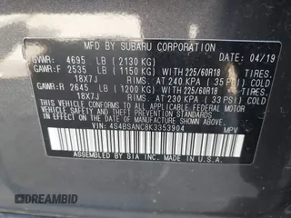 2019 Subaru Outback Limited with VIN 4S4BSANC8K3353904, listed as a IAAI auction lot 42067767 with 57,518 mi miles and . Bid and sale history available at DreamBid. Image 9.