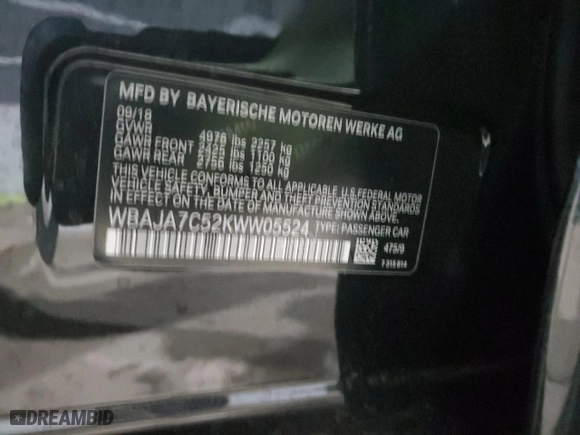 2019 BMW 5 Series 530i xDrive with VIN WBAJA7C52KWW05524, listed as a Copart auction lot 87913315 with 0 mi miles and Salvage Title. Bid and sale history available at carsss.com. Image 12.