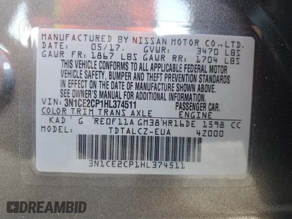 2017 Nissan Note SV с VIN 3N1CE2CP1HL374511, выставлен на аукционе Copart как лот 60966785 с пробегом 26 370 миль миль и Списание • Salvage title. История ставок и продаж доступна на DreamBid. Изображение 12.