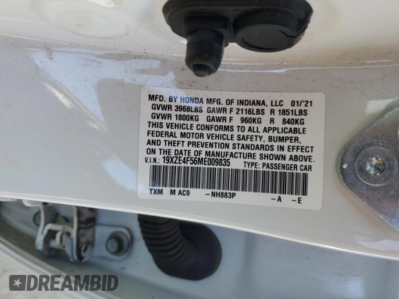 2021 Honda Insight EX with VIN 19XZE4F56ME009835, listed as a Copart auction lot 50637295 with 36,515 mi miles and Salvage Title. Bid and sale history available at carsss.com. Image 12.