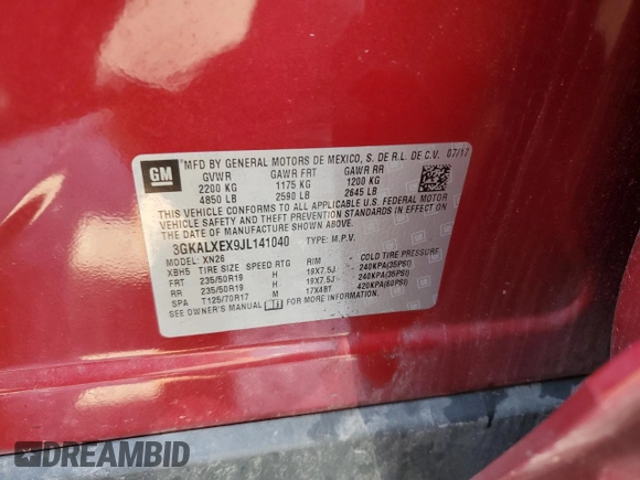 2018 GMC Terrain Denali with VIN 3GKALXEX9JL141040, listed as a Copart auction lot 58927465 with 58,487 mi miles and Salvage title. Bid and sale history available at DreamBid. Image 13.