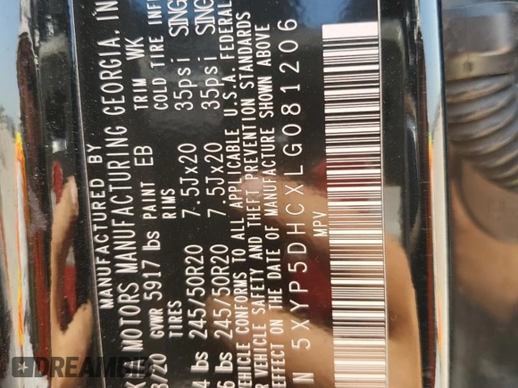 2020 Kia Telluride SX with VIN 5XYP5DHCXLG081206, listed as a Copart auction lot 52625845 with 125,303 mi miles and Clean Title. Bid and sale history available at DreamBid. Image 13.