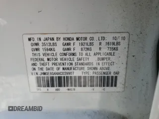2010 Honda Fit Sport with VIN JHMGE8G44AC039907, listed as a Copart auction lot 53267125 with Not provided miles and Salvage title. Bid and sale history available at DreamBid. Image 14.
