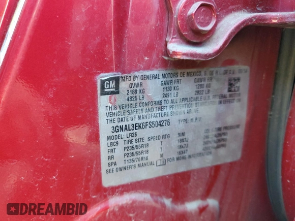 2015 Chevrolet Captiva Sport LT with VIN 3GNAL3EK6FS504276, listed as a Copart auction lot 77967574 with 123,711 mi miles and Salvage Title. Bid and sale history available at DreamBid. Image 13.