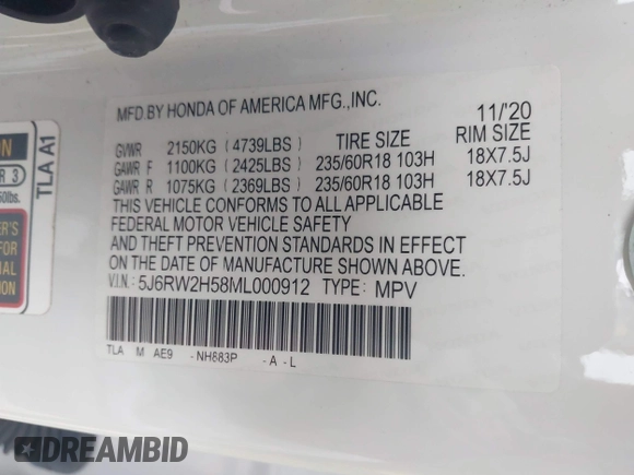 2021 Honda CR-V EX with VIN 5J6RW2H58ML000912, listed as a IAAI auction lot 41922418 with 67,140 mi miles. Bid and sale history available at carsss.com. Image 9.
