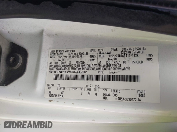 2012 Ford Econoline Cargo Commercial with VIN 1FTNE1EW6CDA42261, listed as a IAAI auction lot 41750879 with 249,408 mi miles and . Bid and sale history available at carsss.com. Image 9.