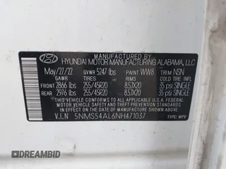 2022 Hyundai Santa Fe Calligraphy with VIN 5NMS54AL6NH471037, listed as a IAAI auction lot 42326726 with 40,278 mi miles and . Bid and sale history available at DreamBid. Image 9.