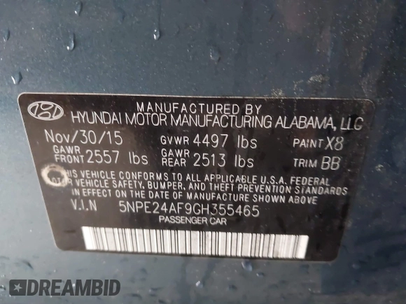 2016 Hyundai Sonata SE z VIN 5NPE24AF9GH355465, wystawiony jako IAAI lot #42247539 z przebiegiem Nie podano mil oraz . Historia ofert i sprzedaży dostępna na DreamBid. Obrazek 9.