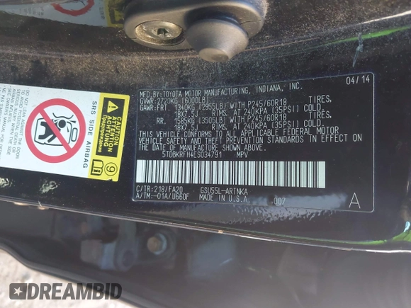 2014 Toyota Highlander LE z VIN 5TDBKRFH4ES034791, wystawiony jako IAAI lot #41770914 z przebiegiem Nie podano mil oraz . Historia ofert i sprzedaży dostępna na DreamBid. Obrazek 9.