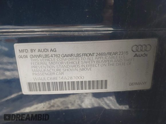 2004 Audi A4 1.8T with VIN WAULC68E14A287000, listed as a IAAI auction lot 41591065 with 240,607 mi miles. Bid and sale history available at carsss.com. Image 9.