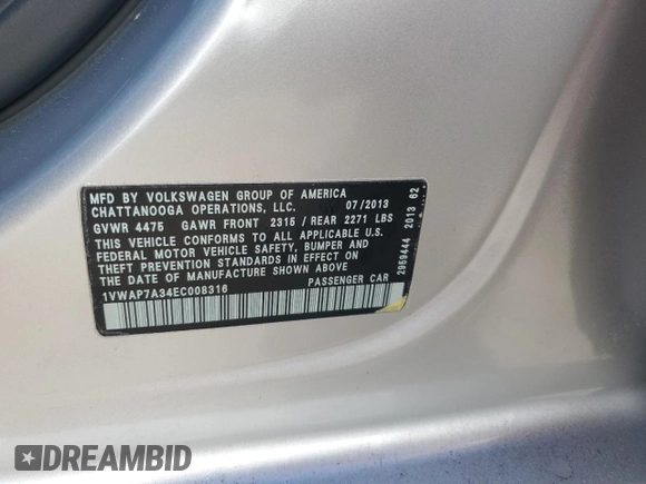 2014 Volkswagen Passat S w/Nav with VIN 1VWAP7A34EC008316, listed as a Copart auction lot 88160935 with 122,921 mi miles and Salvage Title. Bid and sale history available at carsss.com. Image 13.