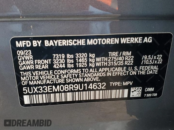 2024 BMW X7 M60i with VIN 5UX33EM08R9U14632, listed as a Copart auction lot 44566175 with 0 mi miles and Salvage Title. Bid and sale history available at carsss.com. Image 15.