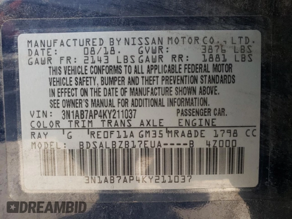 2019 Nissan Sentra S with VIN 3N1AB7AP4KY211037, listed as a Copart auction lot 51465275 with 96,313 mi miles and Salvage Title. Bid and sale history available at carsss.com. Image 12.