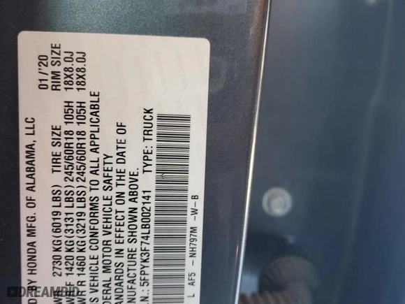 2020 Honda Ridgeline RTL-E with VIN 5FPYK3F74LB002141, listed as a Copart auction lot 87534955 with 139,030 mi miles and Salvage Title. Bid and sale history available at carsss.com. Image 14.