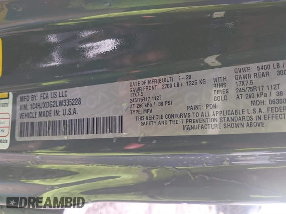 2020 Jeep Wrangler Unlimited Sport Altitude with VIN 1C4HJXDG2LW335228, listed as a IAAI auction lot 41711295 with 43,451 mi miles and . Bid and sale history available at DreamBid. Image 9.