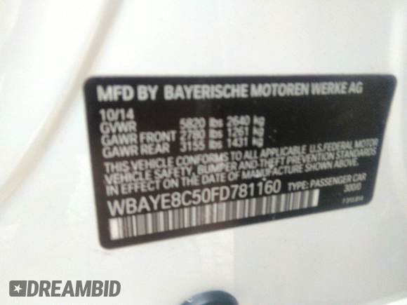 2015 BMW 7 Series 750Li with VIN WBAYE8C50FD781160, listed as a IAAI auction lot 41061232 with 154,496 mi miles. Bid and sale history available at carsss.com. Image 9.