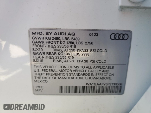 2023 Audi Q5 S line Premium with VIN WA1GAAFY5P2136566, listed as a Copart auction lot 49739365 with 29,014 mi miles and Salvage Title. Bid and sale history available at carsss.com. Image 15.