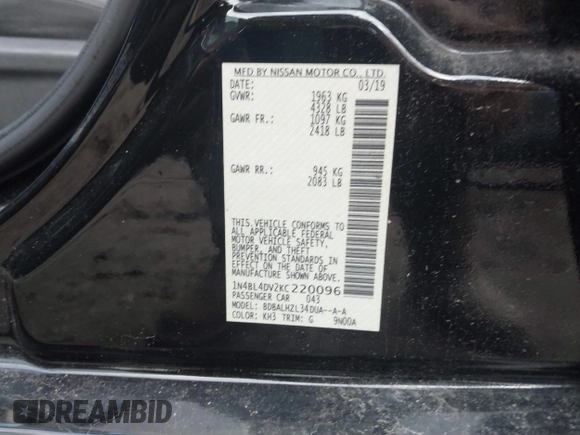 2019 Nissan Altima 2.5 SV with VIN 1N4BL4DV2KC220096, listed as a IAAI auction lot 41802662 with 77,941 mi miles. Bid and sale history available at carsss.com. Image 9.