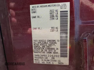 2012 Nissan Altima SR with VIN 1N4BL2AP0CC226202, listed as a IAAI auction lot 42242803 with 117,472 mi miles and . Bid and sale history available at DreamBid. Image 9.