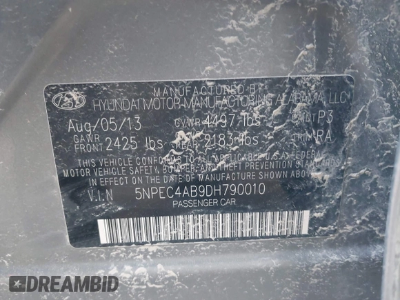 2013 Hyundai Sonata Limited with VIN 5NPEC4AB9DH790010, listed as a IAAI auction lot 42024368 with 201,910 mi miles and . Bid and sale history available at carsss.com. Image 9.