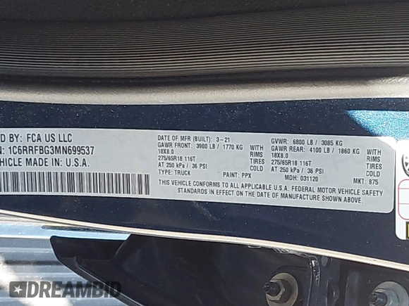 2021 Ram 1500 Big Horn with VIN 1C6RRFBG3MN699537, listed as a IAAI auction lot 41833874 with 45,149 mi miles. Bid and sale history available at carsss.com. Image 9.