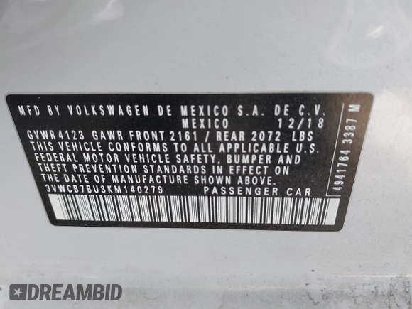 2019 Volkswagen Jetta S z VIN 3VWCB7BU3KM140279, wystawiony jako IAAI lot #41485306 z przebiegiem 68 105 mil mil oraz . Historia ofert i sprzedaży dostępna na DreamBid. Obrazek 9.