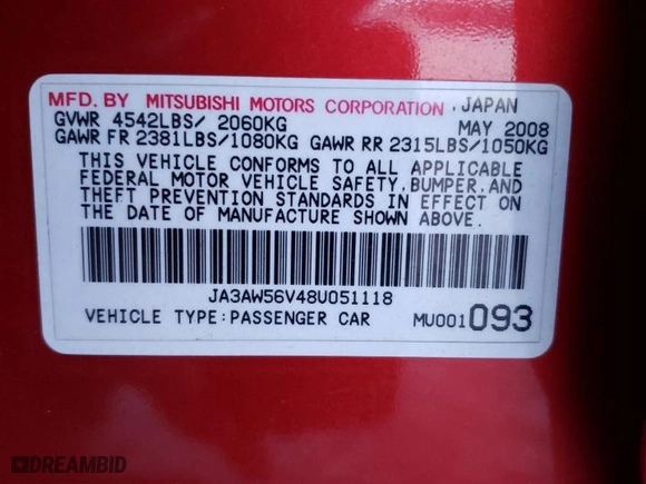 2008 Mitsubishi Lancer Evolution MR with VIN JA3AW56V48U051118, listed as a Copart auction lot 88081275 with 104,461 mi miles and Salvage Title. Bid and sale history available at carsss.com. Image 16.