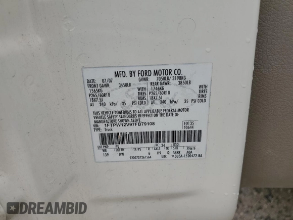 2007 Ford F-150 XLT z VIN 1FTPW12V97FB79108, wystawiony jako Copart lot #54501175 z przebiegiem 225 670 mil mil oraz Szkoda całkowita • Salvage title. Historia ofert i sprzedaży dostępna na DreamBid. Obrazek 13.