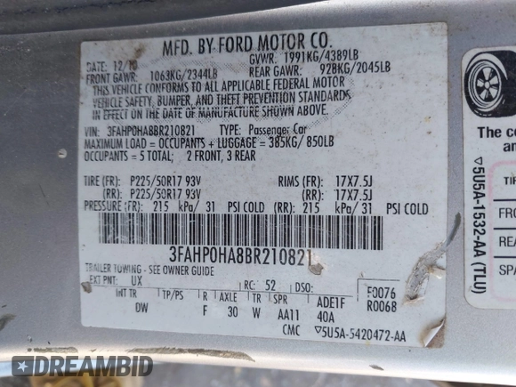 2011 Ford Fusion SE with VIN 3FAHP0HA8BR210821, listed as a IAAI auction lot 41418666 with 205,977 mi miles. Bid and sale history available at carsss.com. Image 9.
