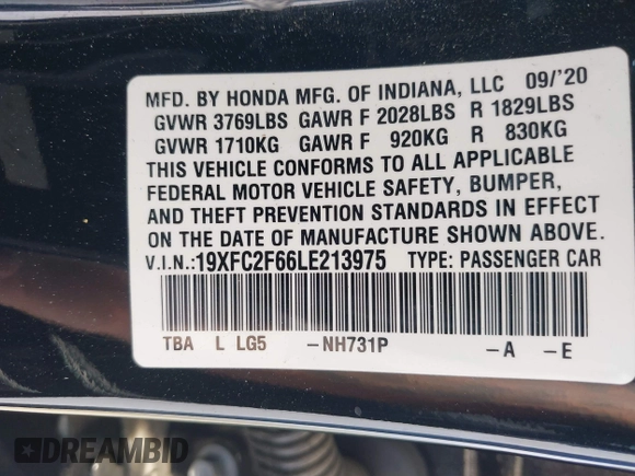 2020 Honda Civic LX with VIN 19XFC2F66LE213975, listed as a IAAI auction lot 42398098 with 69,902 mi miles and . Bid and sale history available at DreamBid. Image 9.