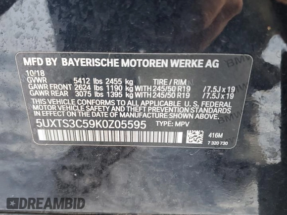 2019 BMW X3 M40i with VIN 5UXTS3C59K0Z05595, listed as a Copart auction lot 88962685 with Not Provided miles and Salvage Title. Bid and sale history available at DreamBid. Image 13.