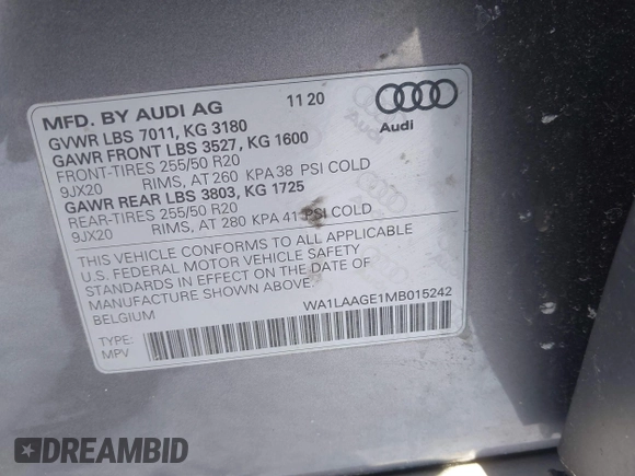 2021 Audi e-tron Premium Plus with VIN WA1LAAGE1MB015242, listed as a IAAI auction lot 41596316 with 32,768 mi miles and . Bid and sale history available at DreamBid. Image 9.