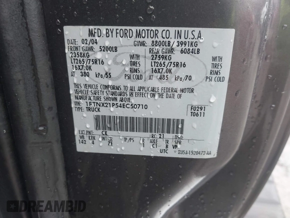2004 Ford F-250 XL with VIN 1FTNX21P54EC50710, listed as a IAAI auction lot 41541098 with 205,003 mi miles and . Bid and sale history available at DreamBid. Image 9.