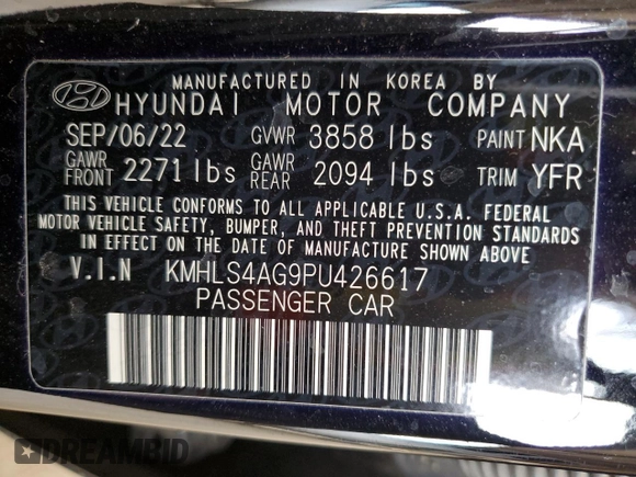 2023 Hyundai Elantra SEL with VIN KMHLS4AG9PU426617, listed as a Copart auction lot 58008115 with Not provided miles and Salvage title. Bid and sale history available at DreamBid. Image 12.