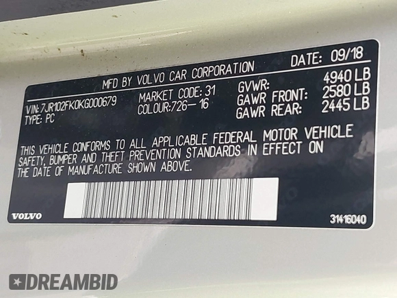 2019 Volvo S60 Momentum with VIN 7JR102FK0KG000679, listed as a IAAI auction lot 39804336 with 89,525 mi miles. Bid and sale history available at carsss.com. Image 9.