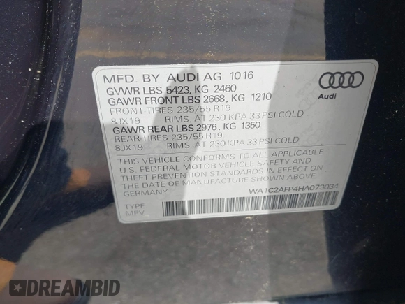 2017 Audi Q5 Premium with VIN WA1C2AFP4HA073034, listed as a IAAI auction lot 42006836 with 68,555 mi miles and . Bid and sale history available at DreamBid. Image 9.