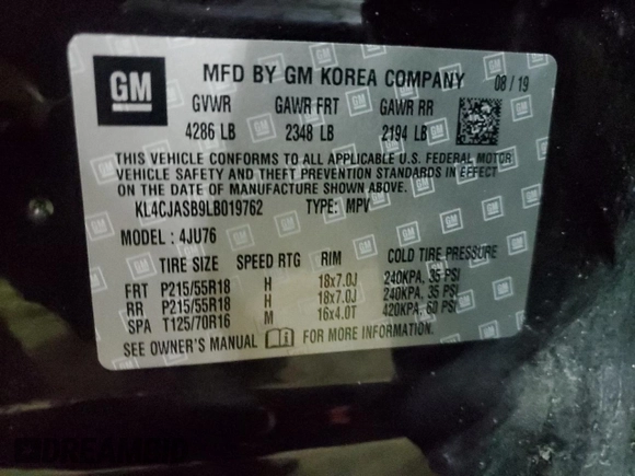 2020 Buick Encore Preferred with VIN KL4CJASB9LB019762, listed as a Copart auction lot 86336274 with 36,614 mi miles and Non Repairable. Bid and sale history available at DreamBid. Image 13.