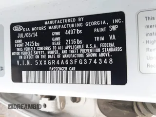 2015 Kia Optima SXL Turbo with VIN 5XXGR4A63FG374348, listed as a IAAI auction lot 41913278 with 173,880 mi miles and . Bid and sale history available at DreamBid. Image 9.