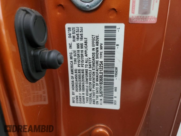 2008 Honda Element LX with VIN 5J6YH18368L012254, listed as a Copart auction lot 53982765 with 97,721 mi miles and Salvage Title. Bid and sale history available at DreamBid. Image 12.