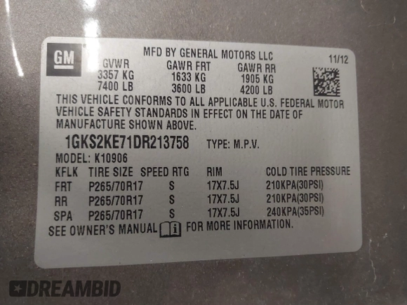 2013 GMC Yukon XL SLT with VIN 1GKS2KE71DR213758, listed as a IAAI auction lot 41713240 with 193,611 mi miles. Bid and sale history available at carsss.com. Image 9.