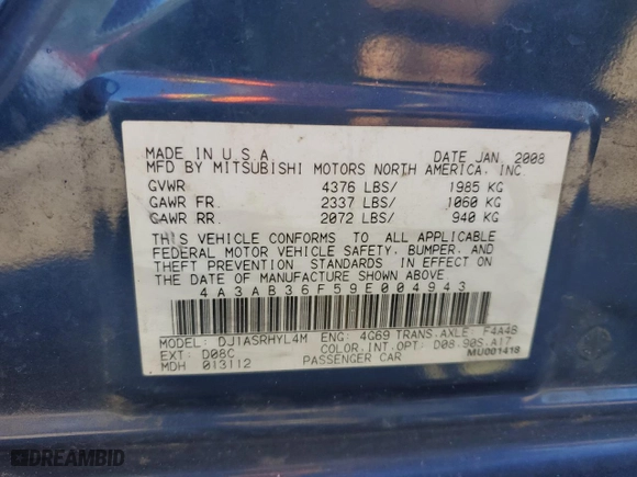 2009 Mitsubishi Galant ES with VIN 4A3AB36F59E004943, listed as a Copart auction lot 44734525 with 144746 miles and Salvage Title. Bid and sale history available at carsss.com. Image 12.
